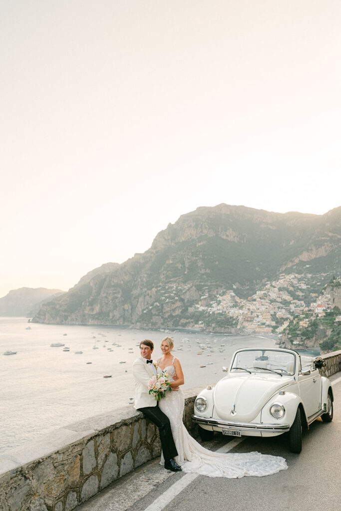 Positano elopement photoshoot with vintage maggiolino by Positano Vintage Dream