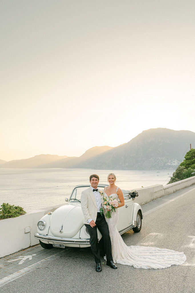 romantic couple portrait in Praiano at golden hour overlooking the sea