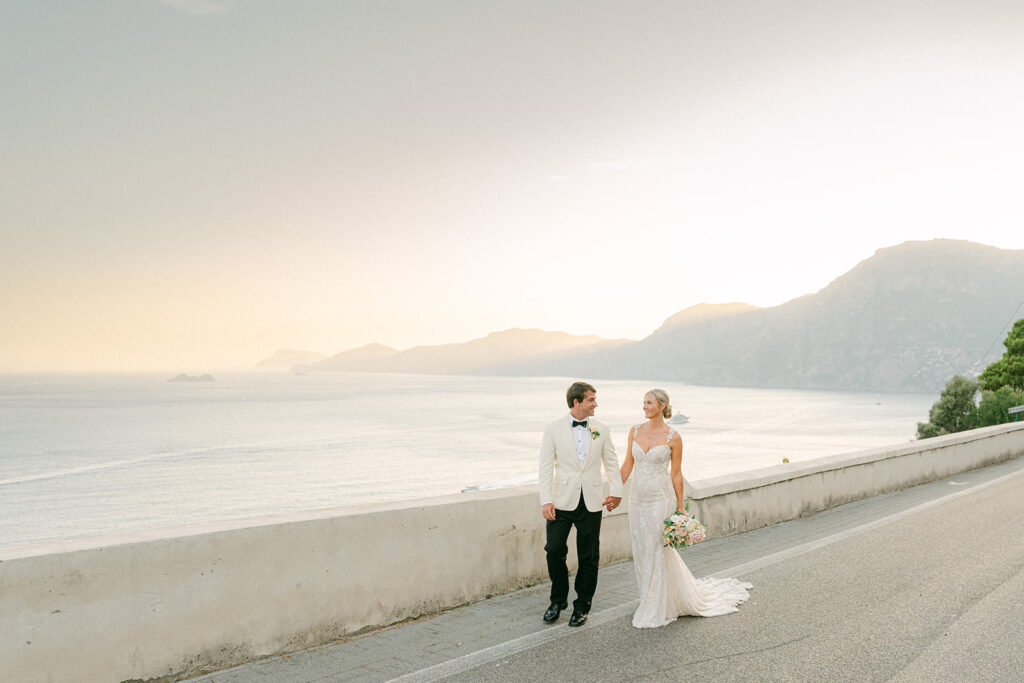 sunset elopement photos in Positano with iconic Amalfi Coast view