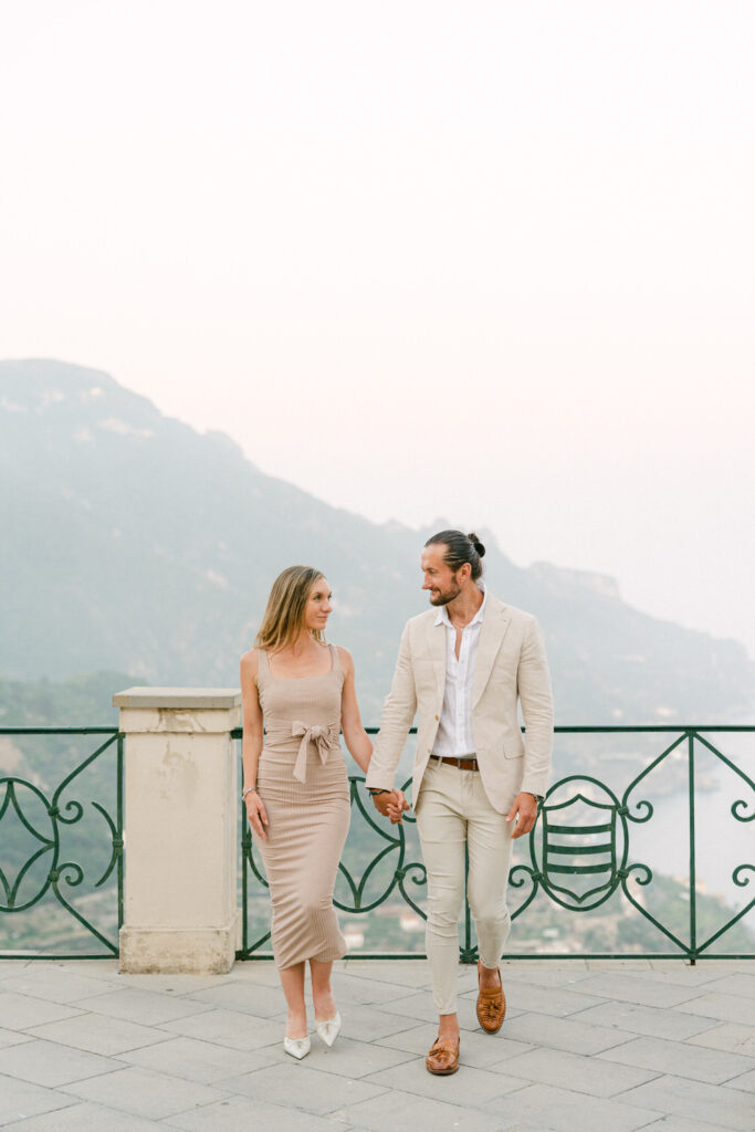 engagement photos in Ravello at sunset with panoramic Amalfi Coast views
